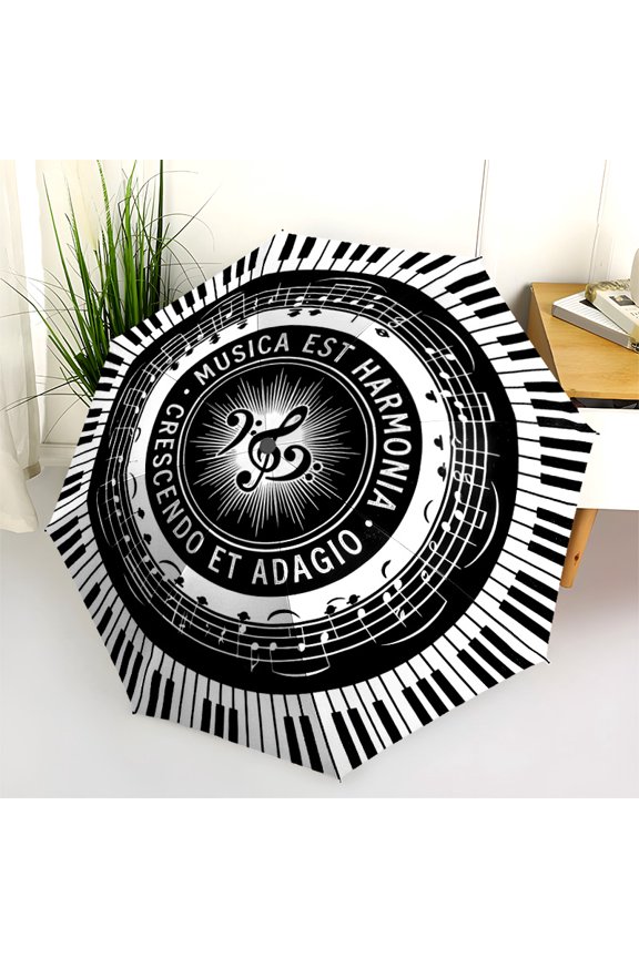 Black and White Piano Keys and Musical Notes Print Automatic Folding Umbrella, Portable 8-Rib Windproof Rain Umbrella for Outdoor, Travel, and Daily Use