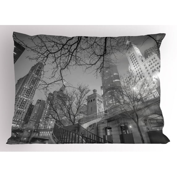 Black and White Pillow Sham Chicago City Downtown Nighttime Highrise Buildings Tree Branches, Decorative Standard Size Printed Pillowcase, 26 X 20 Inches, Grey Black White, by Ambesonne