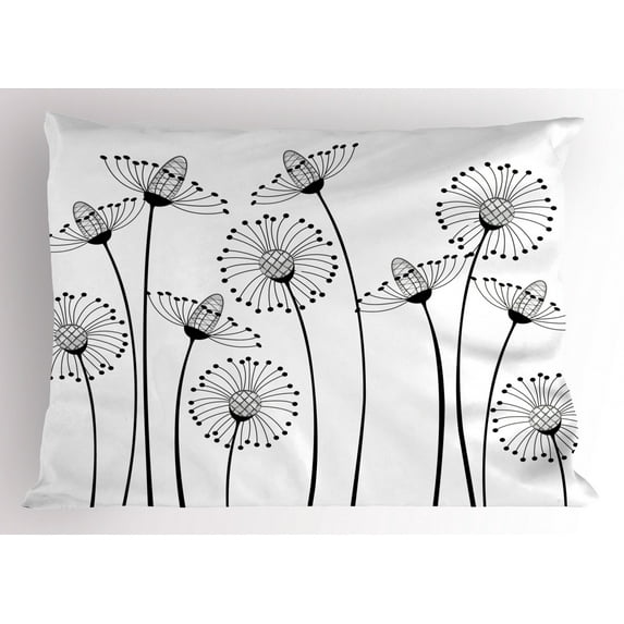 Black and White Pillow Sham Meadow Flowers with Stylized Abstract Dandelions in Countryside Artwork, Decorative Standard Queen Size Printed Pillowcase, 30 X 20 Inches, Black White, by Ambesonne