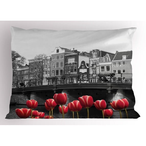 Black and White Pillow Sham Monochrome Photo of Amsterdam Canal with Red Tulips and Houses, Decorative Standard Queen Size Printed Pillowcase, 30 X 20 Inches, Black White and Red, by Ambesonne