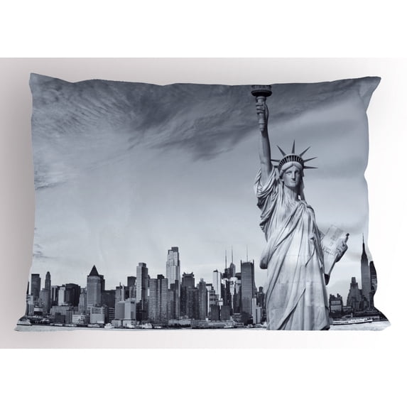 Black and White Pillow Sham Statue of Liberty of New York City Famous American Monument, Decorative Standard Queen Size Printed Pillowcase, 30 X 20 Inches, Pale Grey Black White, by Ambesonne