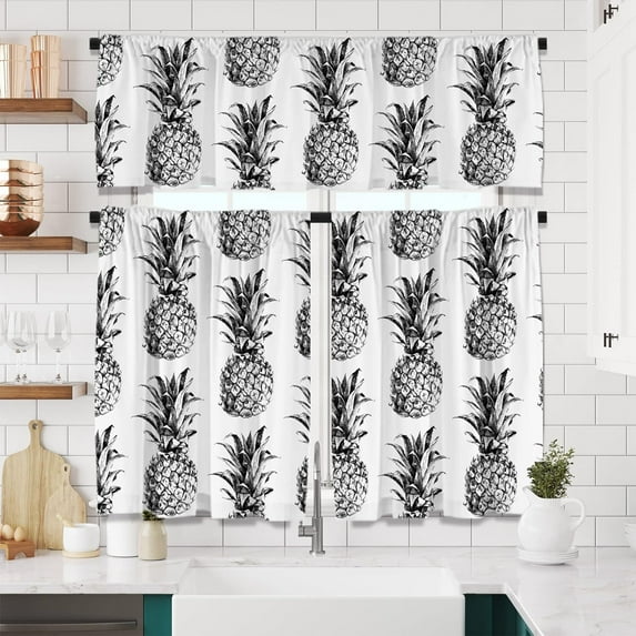 Black and White Pineapple Window Curtains Tiers Set with Valance 26 Inch Length 3pcs Summer Fruit Curtain Sets Short for Bathroom Kitchen and Bedroom Living Room Windows