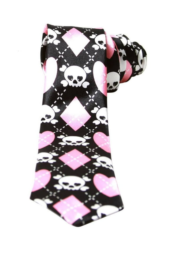 Black White Pink Argyle With Cute Skull Crossbones Neck Tie
