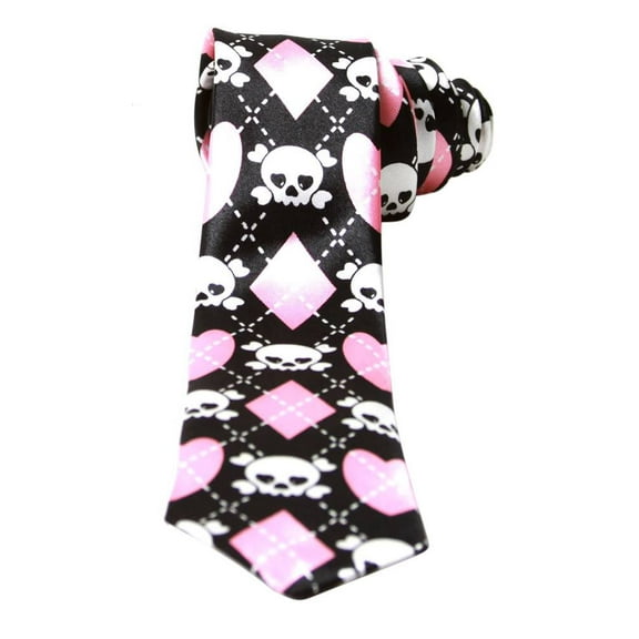 Black White Pink Argyle With Cute Skull Crossbones Neck Tie