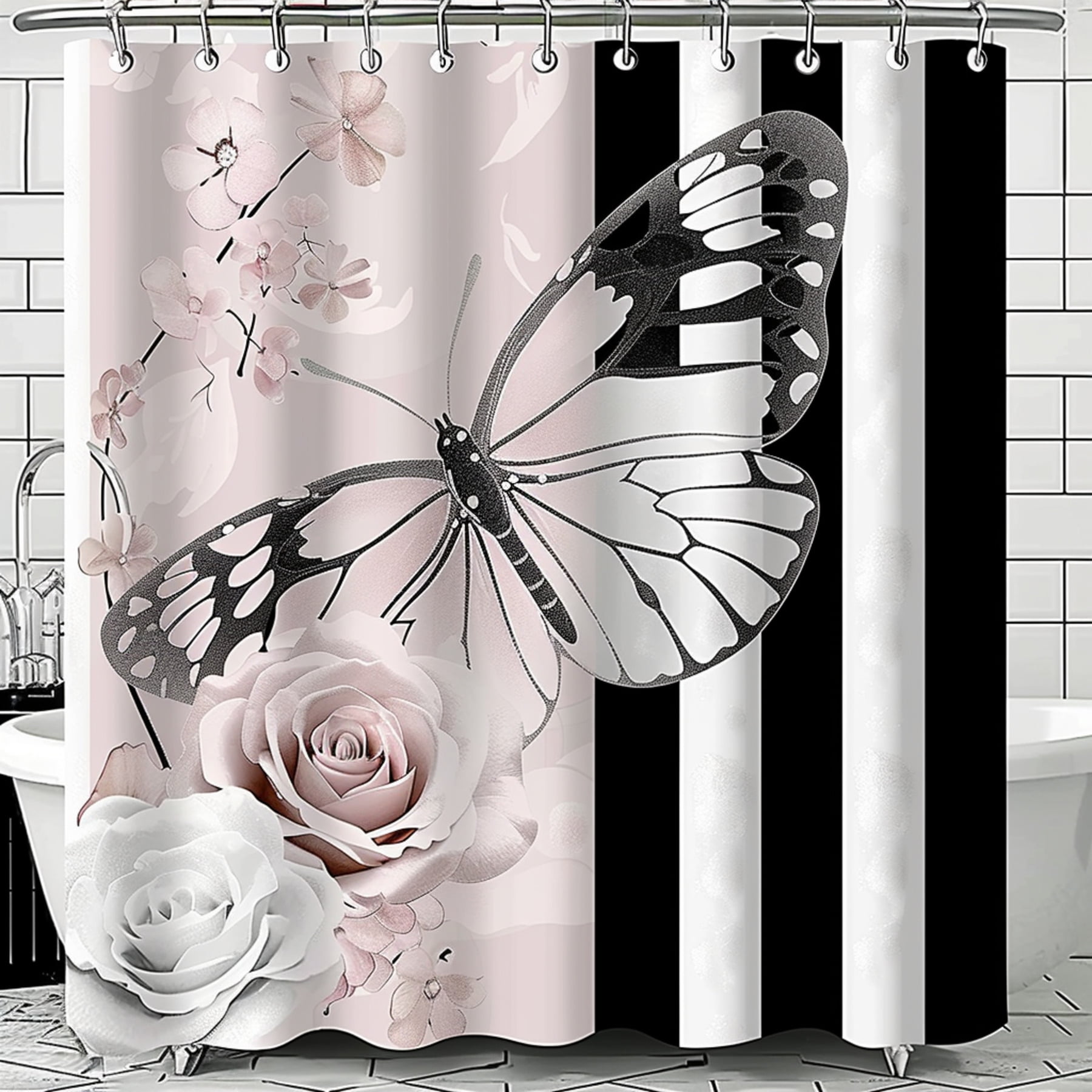 Black White Pink Butterfly Roses Striped Bathroom Shower Curtain ...