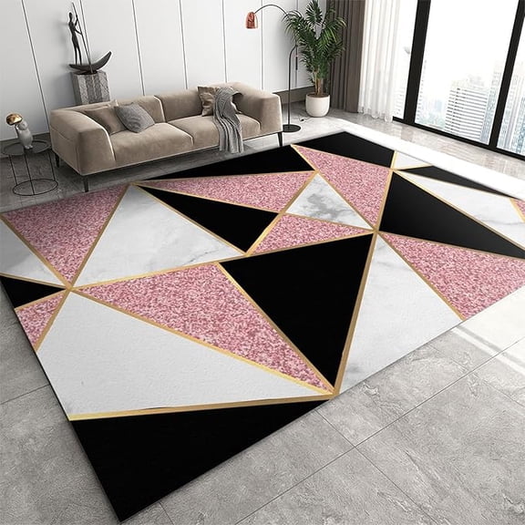 Black and White Pink Geometric Area Rug, Gold Triangular Patchwork Living Room Rug, Indoor Non-Slip Bedroom Rug, Washable Breathable Durable Carpet for Front Entrance Floor Decor 5 x 8ft