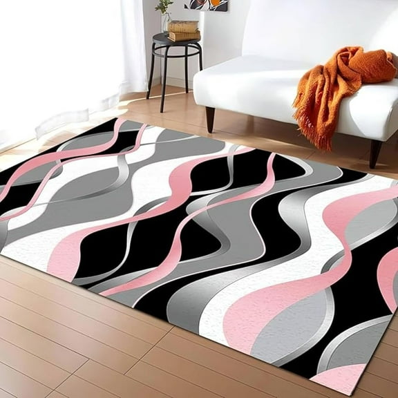 Black White Pink Twisted Ripples Area Rug, Modern Geometric Moire Indoor Non Slip Bedroom Rug, Machine Washable Breathable Durable Carpet For Front Entrance Floor Decor 2x3ft