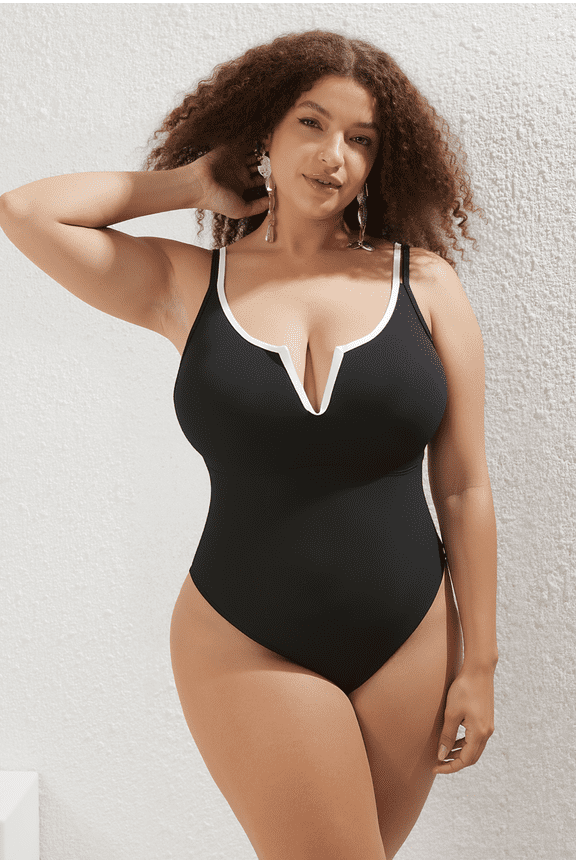 Black White Piping Plus Size One Piece Swimsuit, Adjustable Strap V Notch High Cut Leg Minimalist Resort Swim Sizes 0XL–4XL