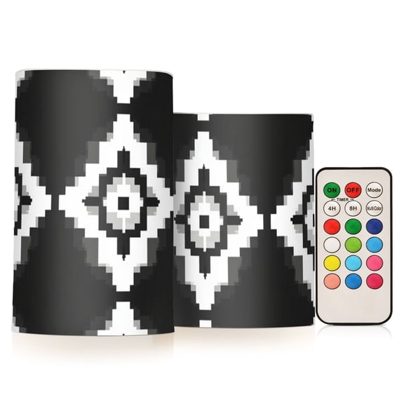 Black White Pixel Art Flickering Flameless Candles LED Tealight Battery Operated with Remote Set of 2 Holiday Decor Ornaments