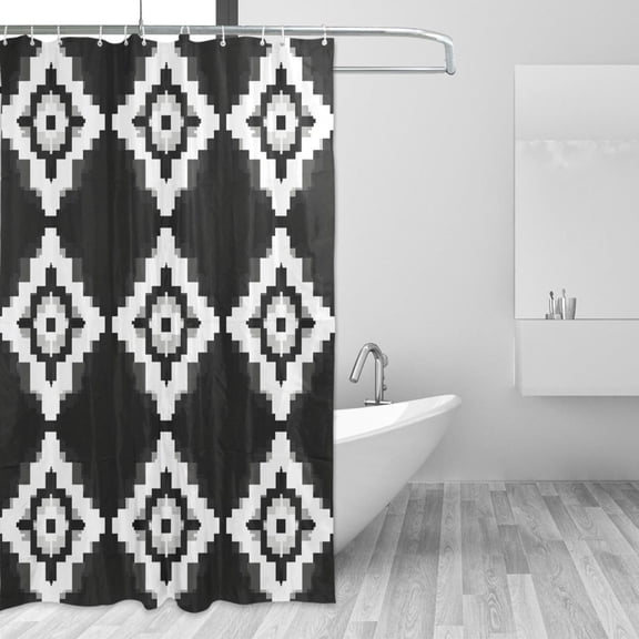 Black White Pixel Art Shower Curtains with 12 Hooks Waterproof Bathroom Decor 66" x 72"