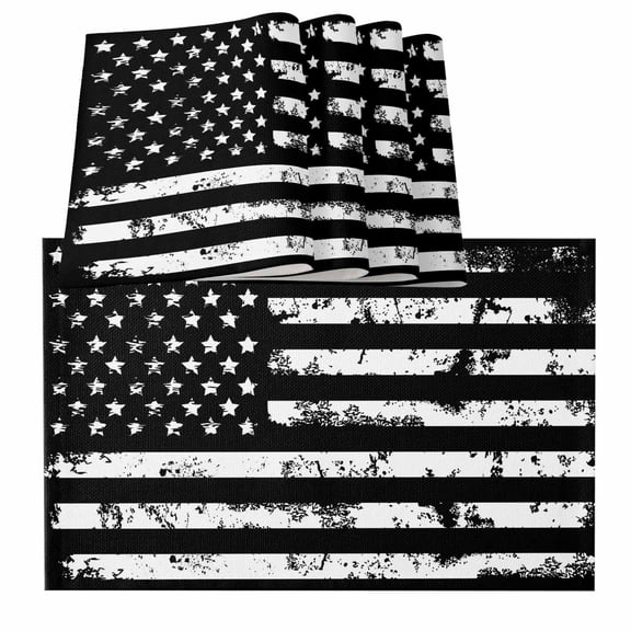 Black White Placemats for Dinning Table Set of 4, Retro Stars Stripes Flag Shabby Chic Texture Burlap Kitchen Place Mats Waterproof Cloth Table Mats, Indoor Outdoor Placemats Easy Clean Dinner Decor