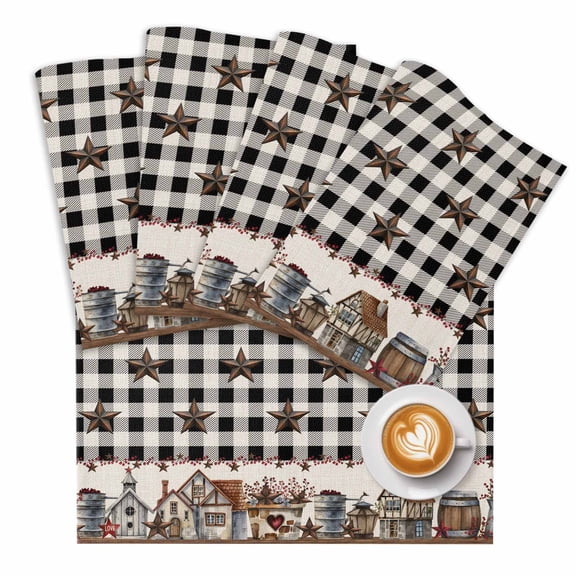 Black White Placemats Set of 1 Buffalo Plaid Country Star Barn Barrel Farmhouse Place Mats Washable Table Mats for Party Kitchen Dining Decoration, 13 X 19 Inch
