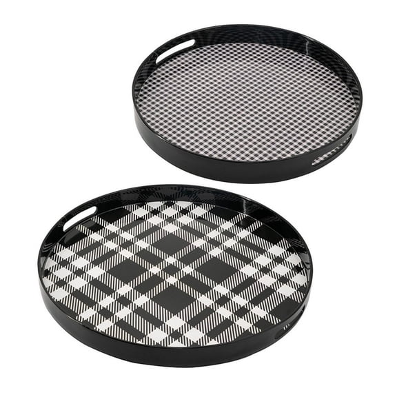 Black White Plaid 2 Piece Round Decorative Trays Set, Plastic Frame Serving Trays
