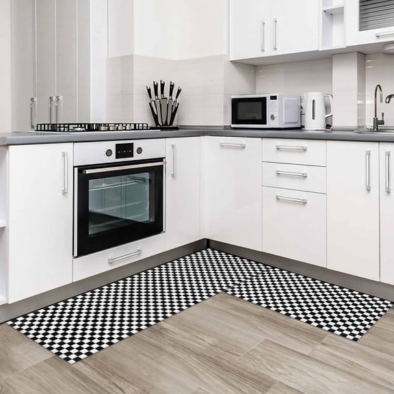 Black White Plaid 2 Pieces Non-Slip Kitchen Mat Set Modern Buffalo Check Gingham Art Soft Door Mat with Rubber Backing,Dirtproof Rugs for Entrance Doorway 23.6x35.4in+23.6x70.9in