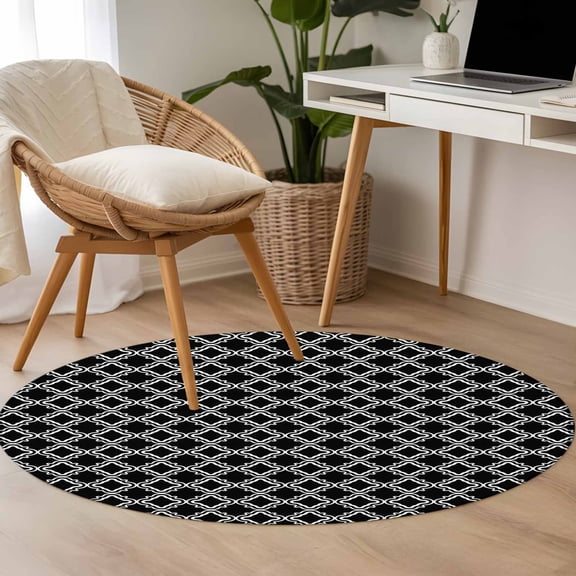 Black White Plaid 3.3ft Round Rug for Bedroom Reading Corner, Abstract Black Morocco Texture Washable Non Slip Circle Area Rug