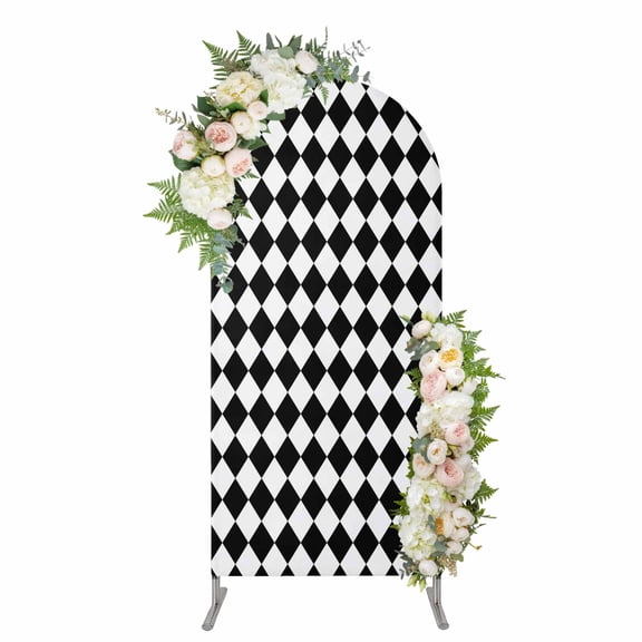 Black White Plaid Arch Backdrop Cover 4FT, Modern Minimalist Geometric Checkered Spandex Fitted Stretchy Arch Stand Covers, Round Top Chiara Backdrop Cover for Wedding Party Birthday Baby Shower