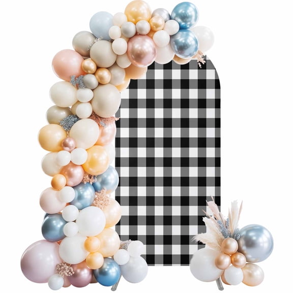 Black White Plaid Arch Backdrop Cover 6Ft, Wedding Arch Covers Stretchy Backdrop, Gradient Geometric Buffalo Checkered Fitted 2 Sided Arched Photo Background for Birthday Party Decorations