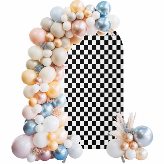 Black White Plaid Arch Backdrop Cover, Spandex Fitted Wedding Arch Cover, Modern Buffalo Check Gingham Art Round Top Stand Covers for Birthday Ceremony Bridal Shower Party Decor 5x2.1 Ft
