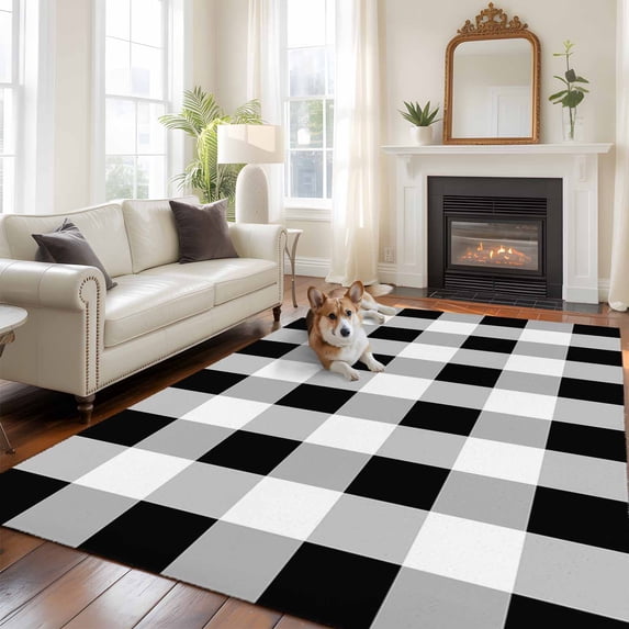 Black White Plaid Area Rug 5x8 FT, Non Slip Bedroom Throw Carpet, Spring Farmhouse Buffalo Checkered Washable Soft Floor Carpet Non-Shedding Rug for Living Room Nursery Dorm Office