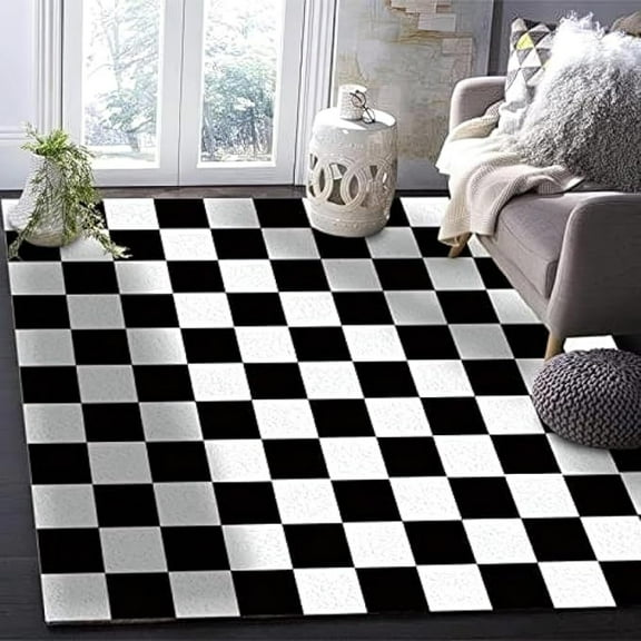 Black And White Plaid Area Rug, Checkered Racing Flag Non Slip Kids Rugs, Noise Reduction Machine Washable Carpet For Indoor Living Room Bedroom Office Decor Mat 5x6ft