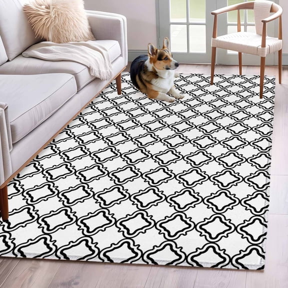 Black White Plaid Area Rugs 4x6 ft Abstract White Morocco Texture Washable Rug Non Slip Indoor Carpet Absorbent Floor Mat for Living Room Bedroom Dining Room