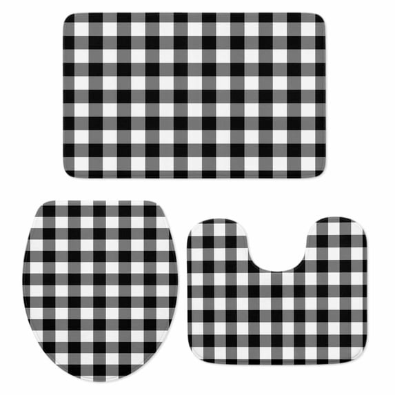Black White Plaid Bath Mat 3 Piece Bathroom Rug Set, Gradient Geometric Buffalo Checkered Non Slip Bath Rug Contour Mat and Toilet Lid Cover, Absorbent Shower Mats Soft Bath Rugs and Mats Sets