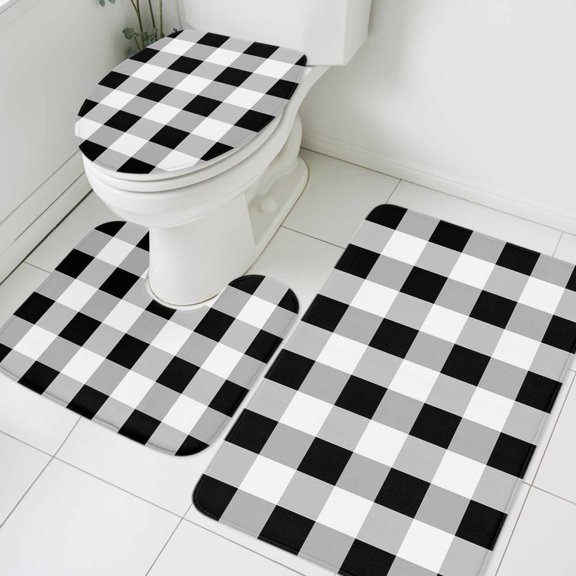 Black White Plaid Bathroom Rugs Set Simple Pattern Non Slip Absorbent Soft Bath Mats 3 Piece Set with Bathroom Rug, U-Shaped Floor Mat, Toilet Seat Cover Large Size