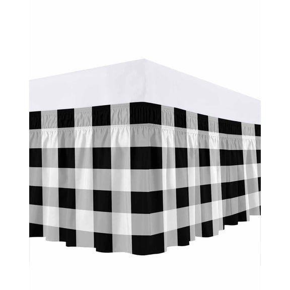 Black White Plaid Bed Skirt Queen Size, Spring Farmhouse Buffalo Checkered Wrap Around Bed Skirting with Adjustable Elastic Strap, Dust Ruffle Pleated Bedskirts 16 Inch Drop for Bedroom Queen Beds