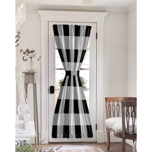 Black White Plaid Blackout Door Curtains for French, Glass,Front, Back, Patio Door, Spring Farmhouse Buffalo Checkered Thermal Insulated Rod Pocket Window Curtain Drapes With Tiebacks 25"x72"