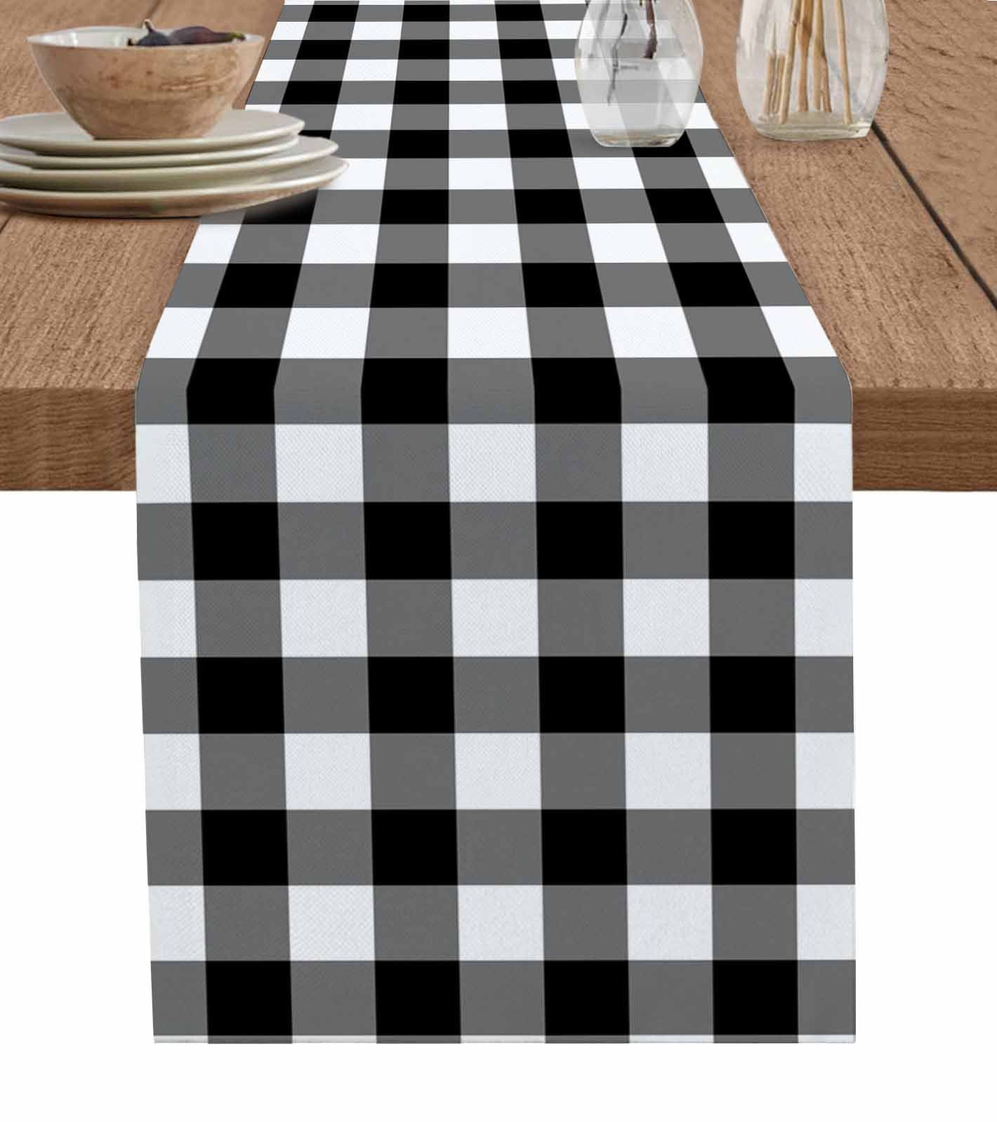 Black White Plaid Burlap Cotton Table Runner 13x120 Inches Long, Gradient Geometric Buffalo Checkered Farmhouse Table Runners, Outdoor Dining Tablecloths Decor for Baby Shower/Party/Wedding
