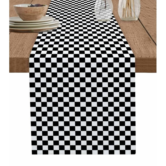 Black White Plaid Burlap Cotton Table Runner 13x120 Inches Long, Modern Buffalo Check Gingham Art Farmhouse Table Runners, Outdoor Dining Tablecloths Decor for Baby Shower/Party/Wedding
