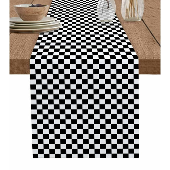 Black White Plaid Burlap Cotton Table Runner 18x72 Inches Long, Modern Buffalo Check Gingham Art Farmhouse Table Runners, Outdoor Dining Tablecloths Decor for Baby Shower/Party/Wedding