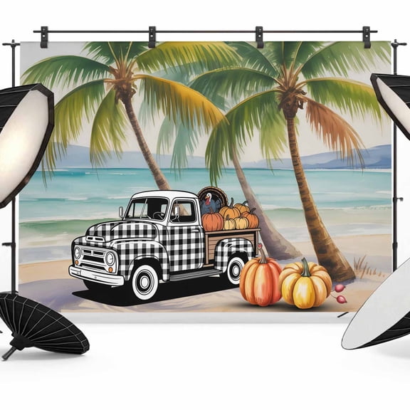 Black White Plaid Car Photography Backdrop 7x5FT, Orange Pumpkin Palm Trees Seaside Photo Backdrops, Background for Photography Studio Photo Studio Background, Back Drop for Photoshoot