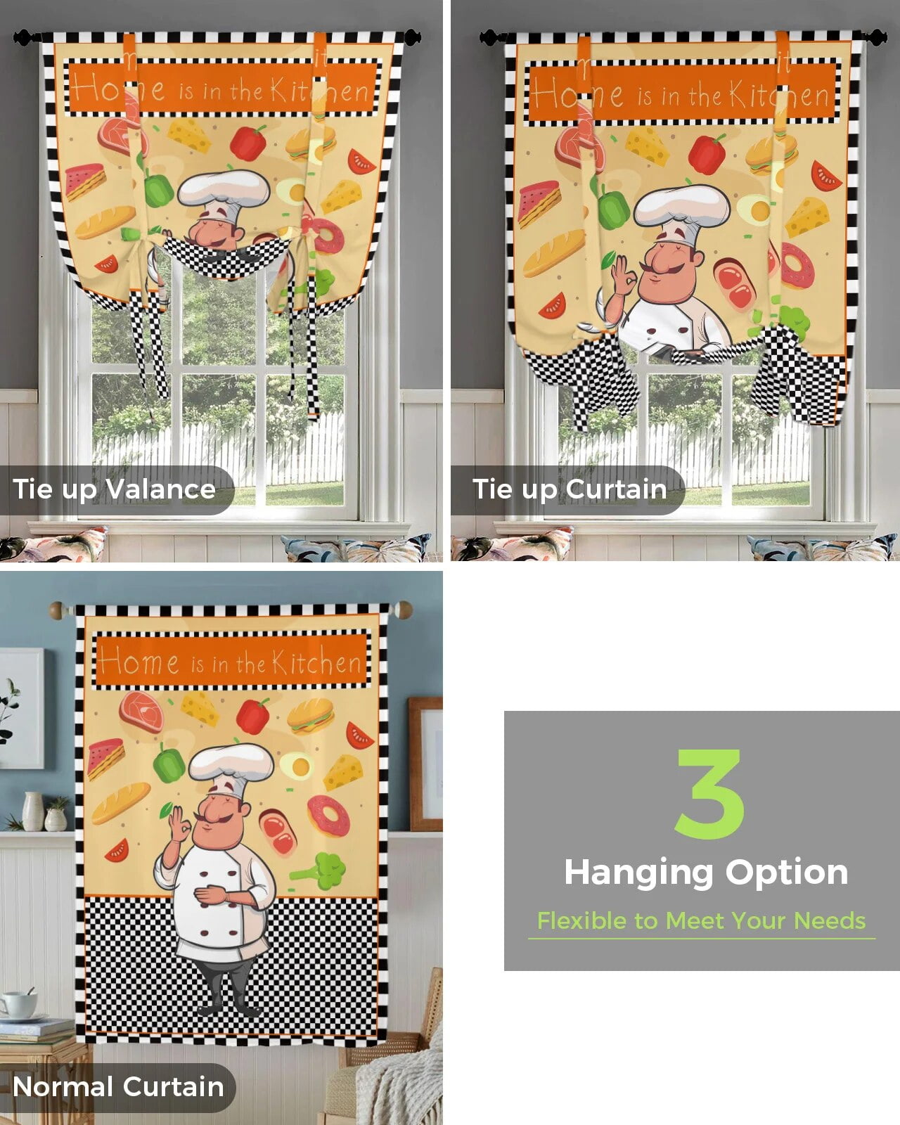 Black White Plaid Chefs Kitchen Food Retro Curtains for Living Room