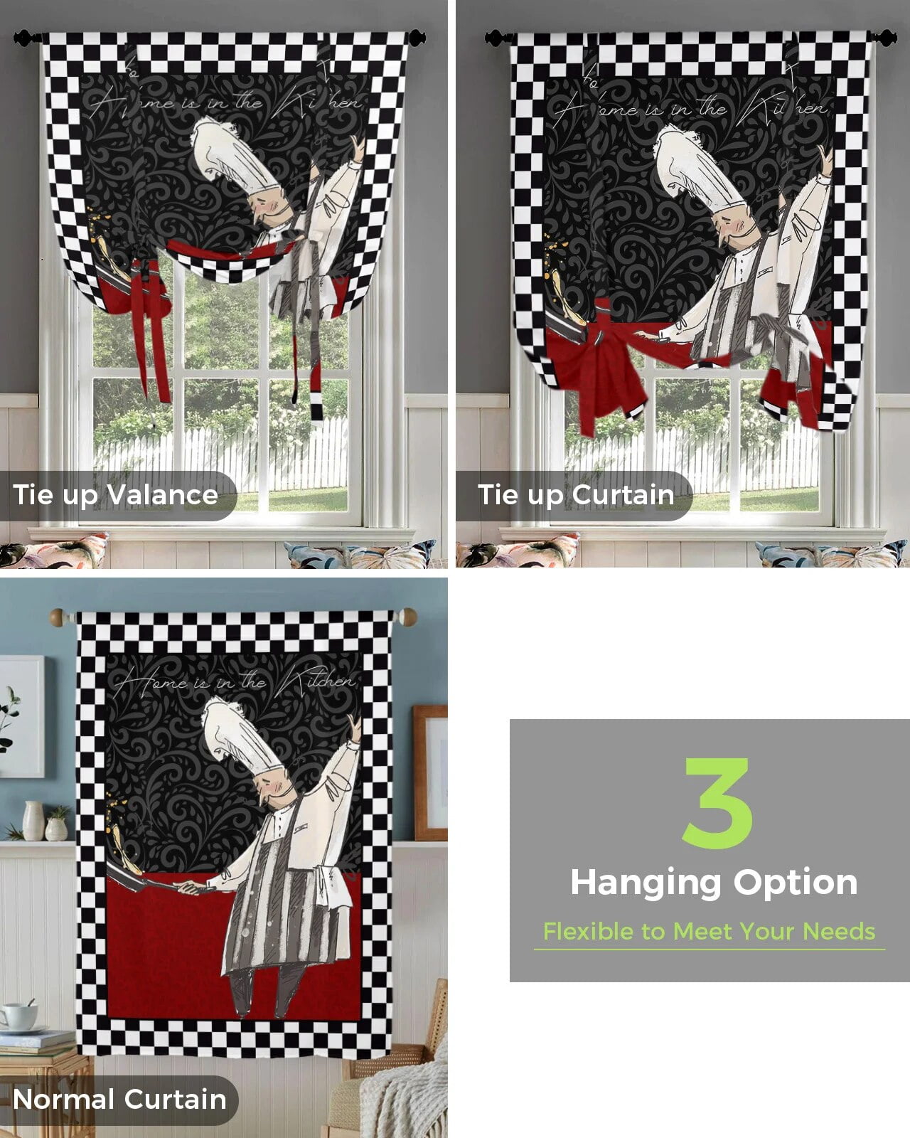 Black White Plaid Chefs Kitchen Food Retro Curtains for Living Room