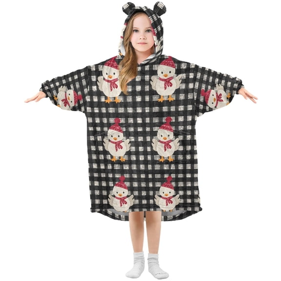Black White Plaid Chicken in Christmas Flannel Wearable Blankets Hooded Design Long Sleeves Wrap Unisex for 3T-14Y S