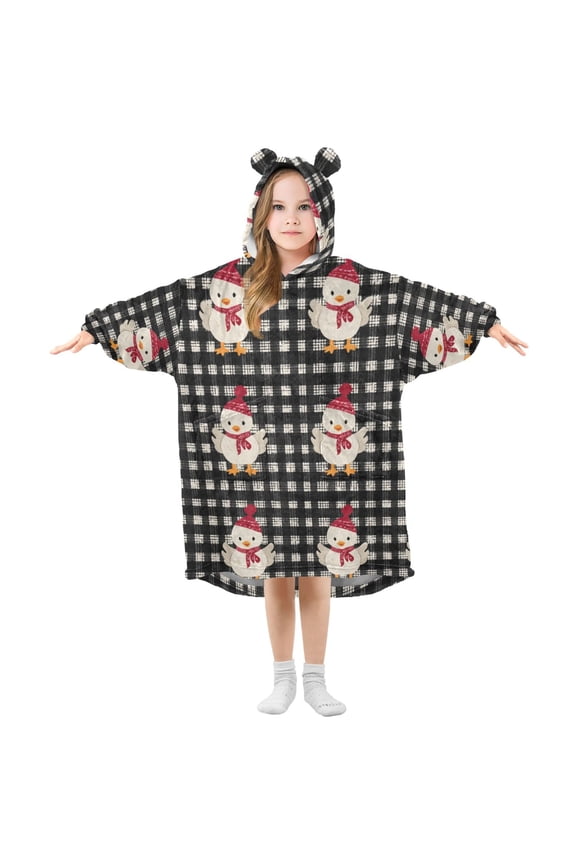 Black White Plaid Chicken in Christmas Flannel Wearable Blankets Hooded Design Long Sleeves Wrap Unisex for 3T-14Y S
