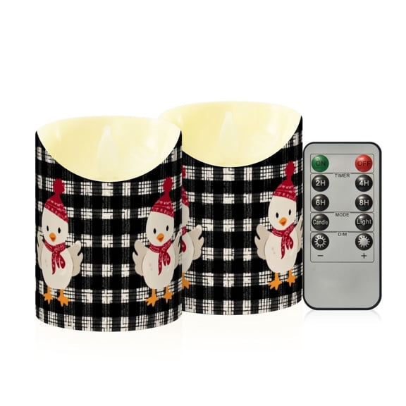 Black White Plaid Chicken in Christmas Flickering Flameless Candles with Remote Timer Battery Operated LED Tealight Set of 2 M