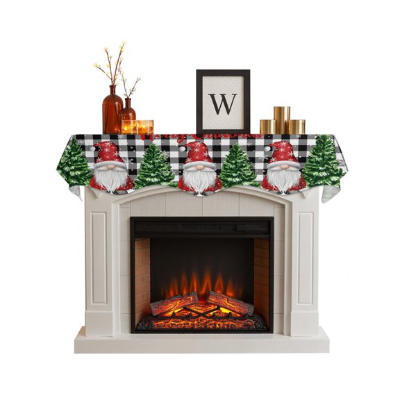 Black White Plaid Christmas Fireplace Mantel Scarf Cover 90"Wx17"L,Fireplace Mantel Shelf Top Runner,Gnomes Xmas Tree Snowflake Winter Mantle Dresser Scarves Table Runner for Holiday Party