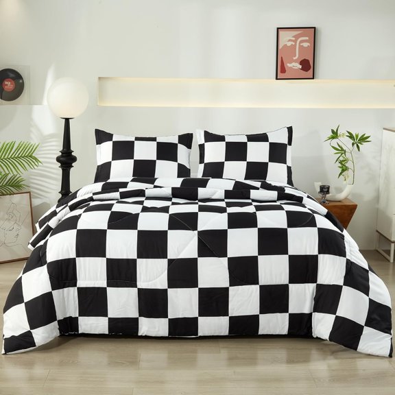 Black White Plaid Comforter Set, 2 count Fluffy Gingham Checkered Down Alternative Comforter  (66"x90"), Lightweight Microfiber Geometric Bedding with 1 Pillowcase for  Seasons