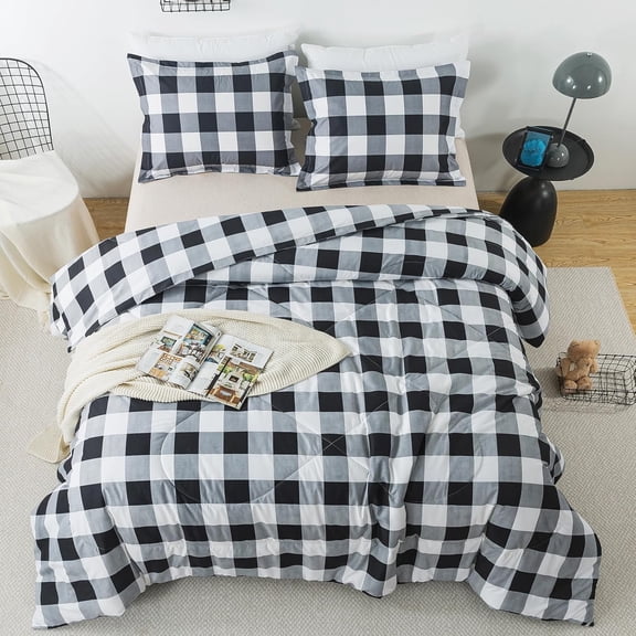 Black White Plaid Comforter Set , 3 count Buffalo Plaid Checkered Bedding Comforter Sets, Classic Geometric Plaid Fluffy Decor for Seasons (90x90 Inch)