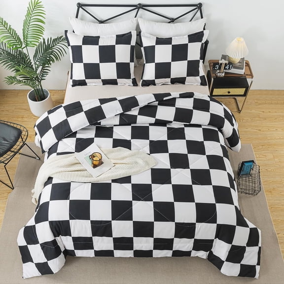 Black White Plaid Comforter Set, Buffalo Checkered Comforter Bedding Set Twin Size for All Seasons, Farmhouse Soft Microfiber Comforter with Pillowcase