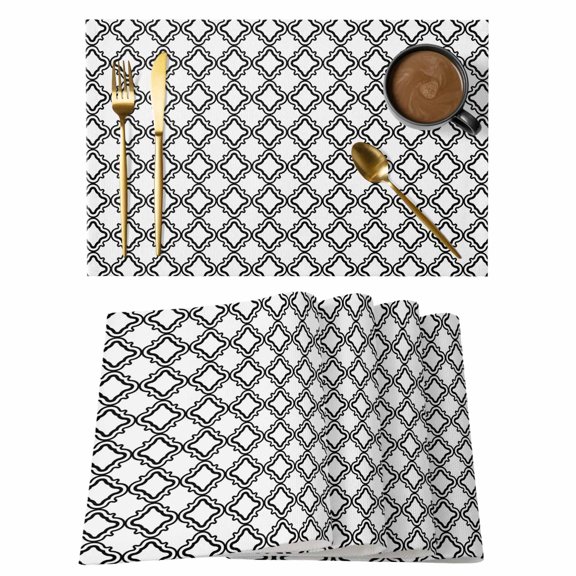 Black White Plaid Cotton Linen Placemats Set of 1, Abstract White Morocco Texture Washable Table Place Mats Heat Insulating Placemat for Dining Room Kitchen Daily Use 13 x 19 Inch