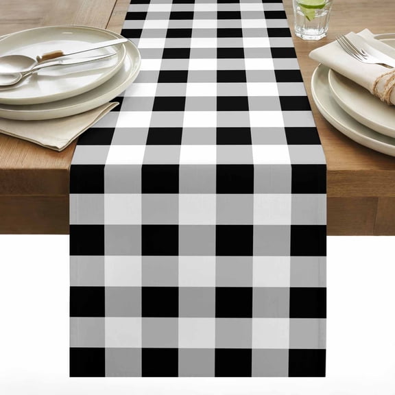 Black White Plaid Cotton Linen Table Runner Simple Pattern Dining Table Runners for Home Decor Party Dining Room Restaurant Kitchen 13" x 60"