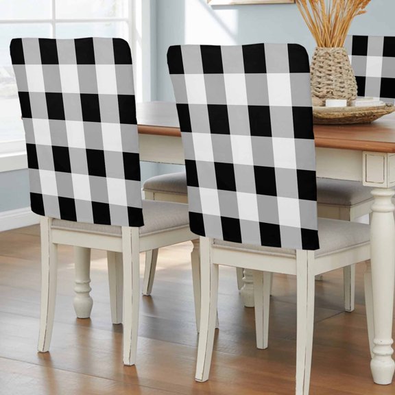 Black White Plaid Dining Chair Back Cover Only, Simple Pattern Linen Textured Chair Back Covers Set of 6, Removable Washable Slipcovers for Dining Room, Wedding & Holiday Decoration