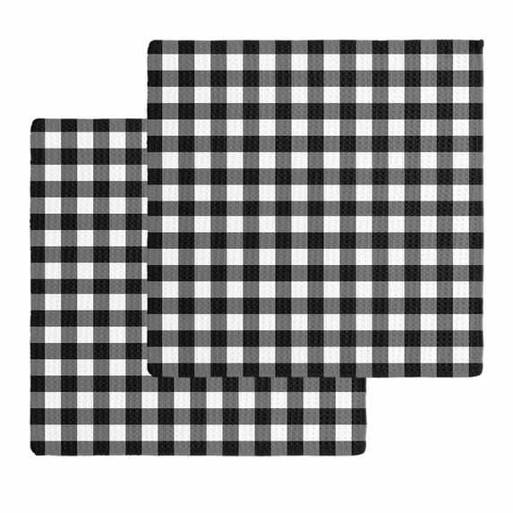 Black White Plaid Dish Towels Set, Waffle Weave Kitchen Towels 2 Pieces, Modern Simple Buffalo Check Gingham Microfiber Hair Face Bath Tea Towel Absorbent Quick Drying Cleaning Dish Cloths 12"x12"