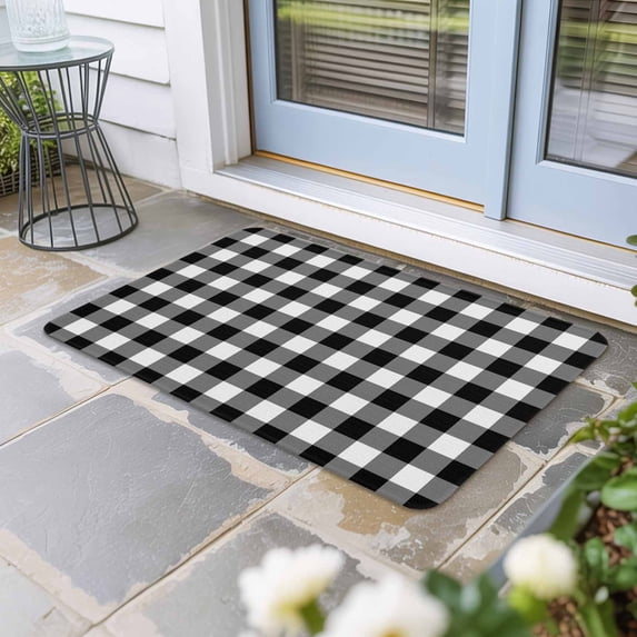 Black White Plaid Door Mat Indoor Outdoor, Gradient Geometric Buffalo Checkered Non Slip Welcome Mat with Rubber Backing, Absorbent Fabric Front Door Mats Entryway Rug for Home Patio Entrance 16"x24"