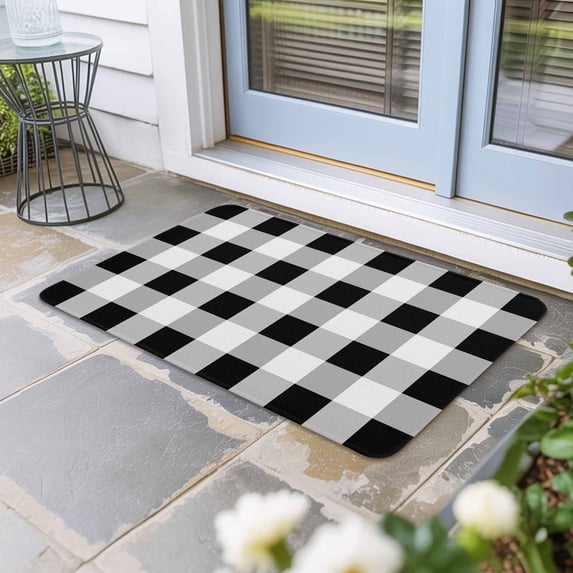 Black White Plaid Door Mat Indoor Outdoor, Spring Farmhouse Buffalo Checkered Non Slip Welcome Mat with Rubber Backing, Absorbent Fabric Front Door Mats Entryway Rug for Home Patio Entrance 16"x24"