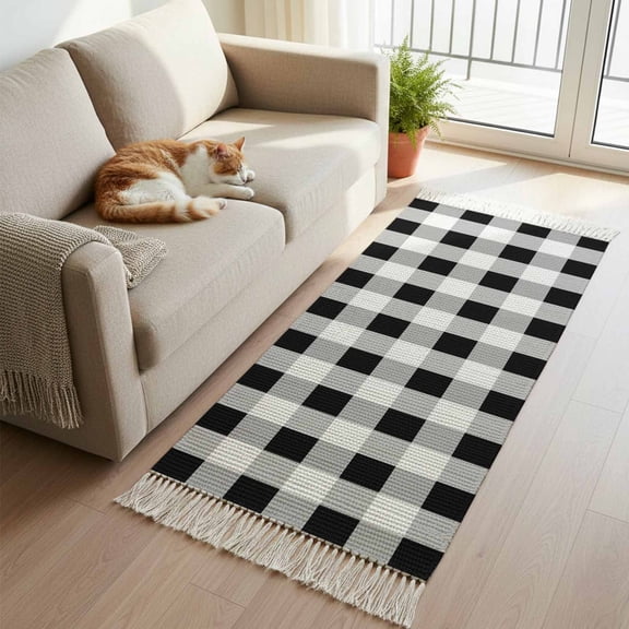 Black White Plaid Hallway Runner Rug 2'x5', Spring Farmhouse Buffalo Checkered Washable Kitchen Runner Rug with Tassels, Laundry Room Rugs Woven Cotton Carpet for Bedroom Entryway Front Door