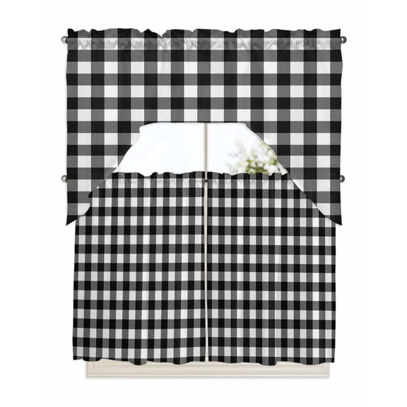 Black White Plaid Kitchen Curtain and Valance Set 3 Pieces,Rod Pocket Short Tier Curtains 36 Inch Length,Modern Simple Buffalo Check Gingham Swag Topper Small Window Treatment for Cafe Bathroom